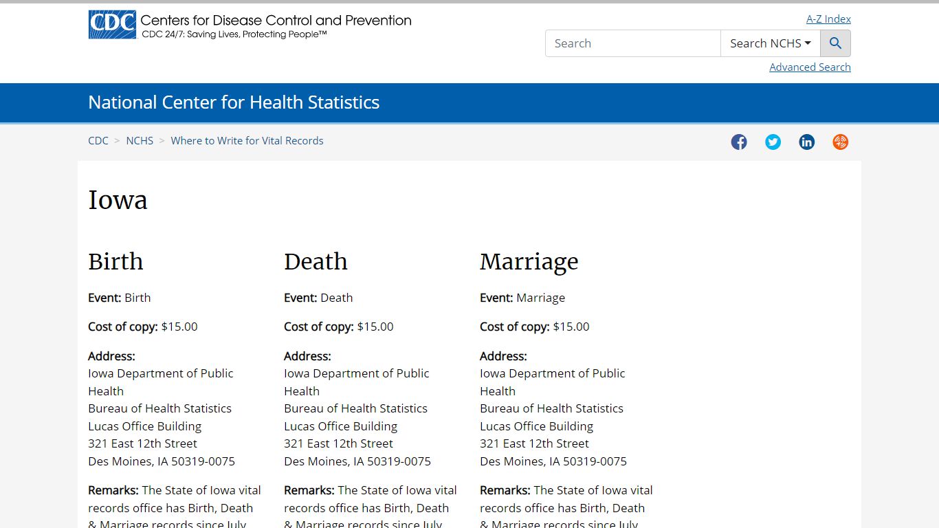 Where to Write for Vital Records - Iowa - Centers for Disease Control ...